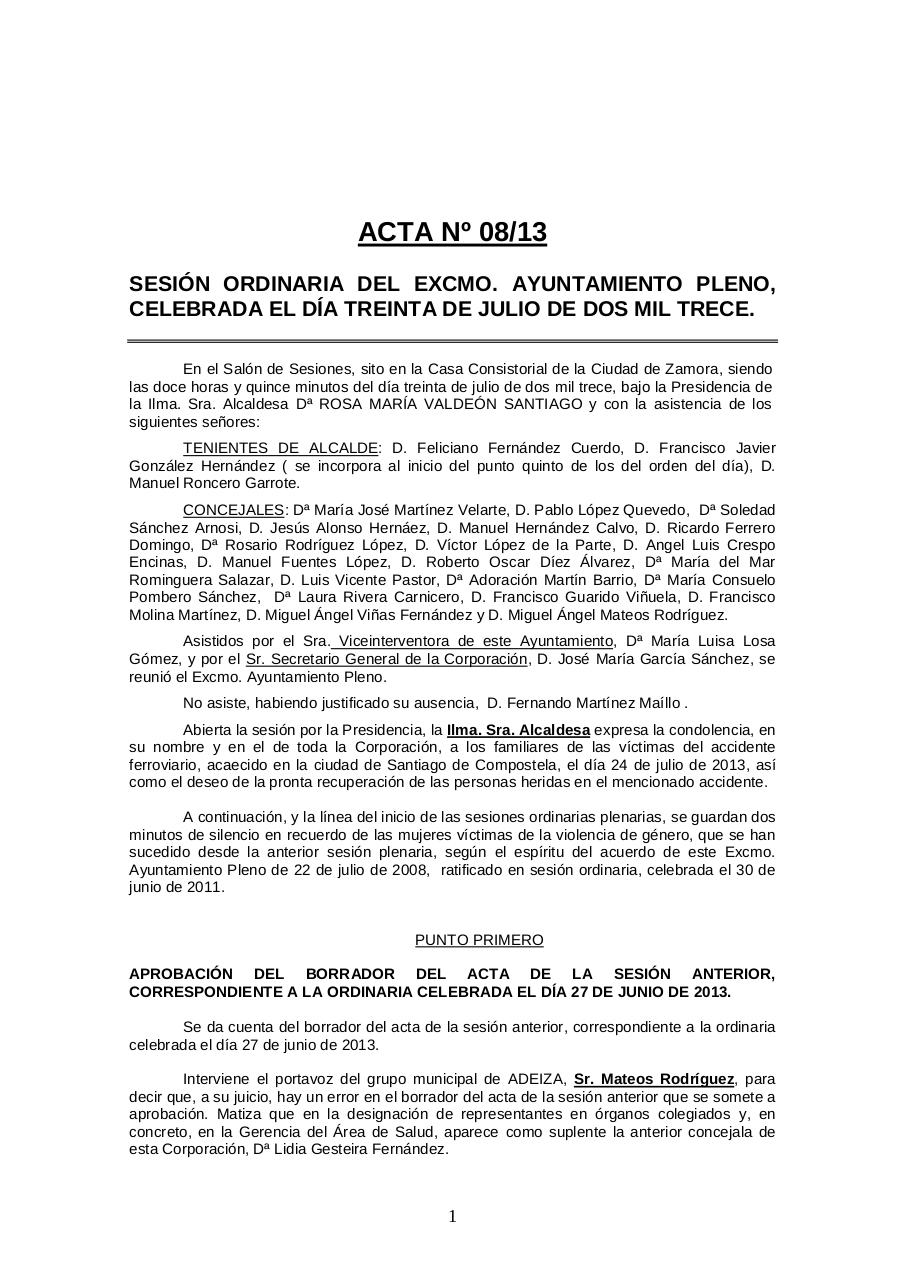 20130713 Acta del Pleno del Ayuntamiento de Zamora de 30 de julio 2013.pdf - página 1/26