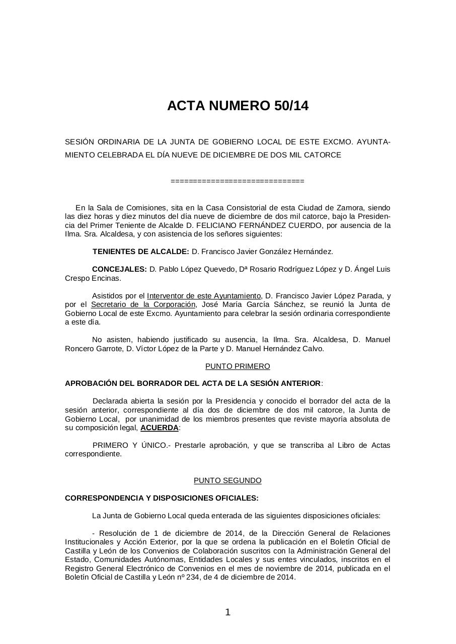 borrador Acta NÂº 50-2014 Junta de Gobierno Local-Ayto. Zamora 09-12-14.pdf - página 1/5