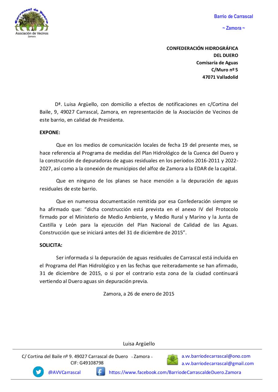 Vista previa del documento 20150126 a CHD previsiones depuraciÃ³n aguas residuales Carrascal.pdf - página 1/1