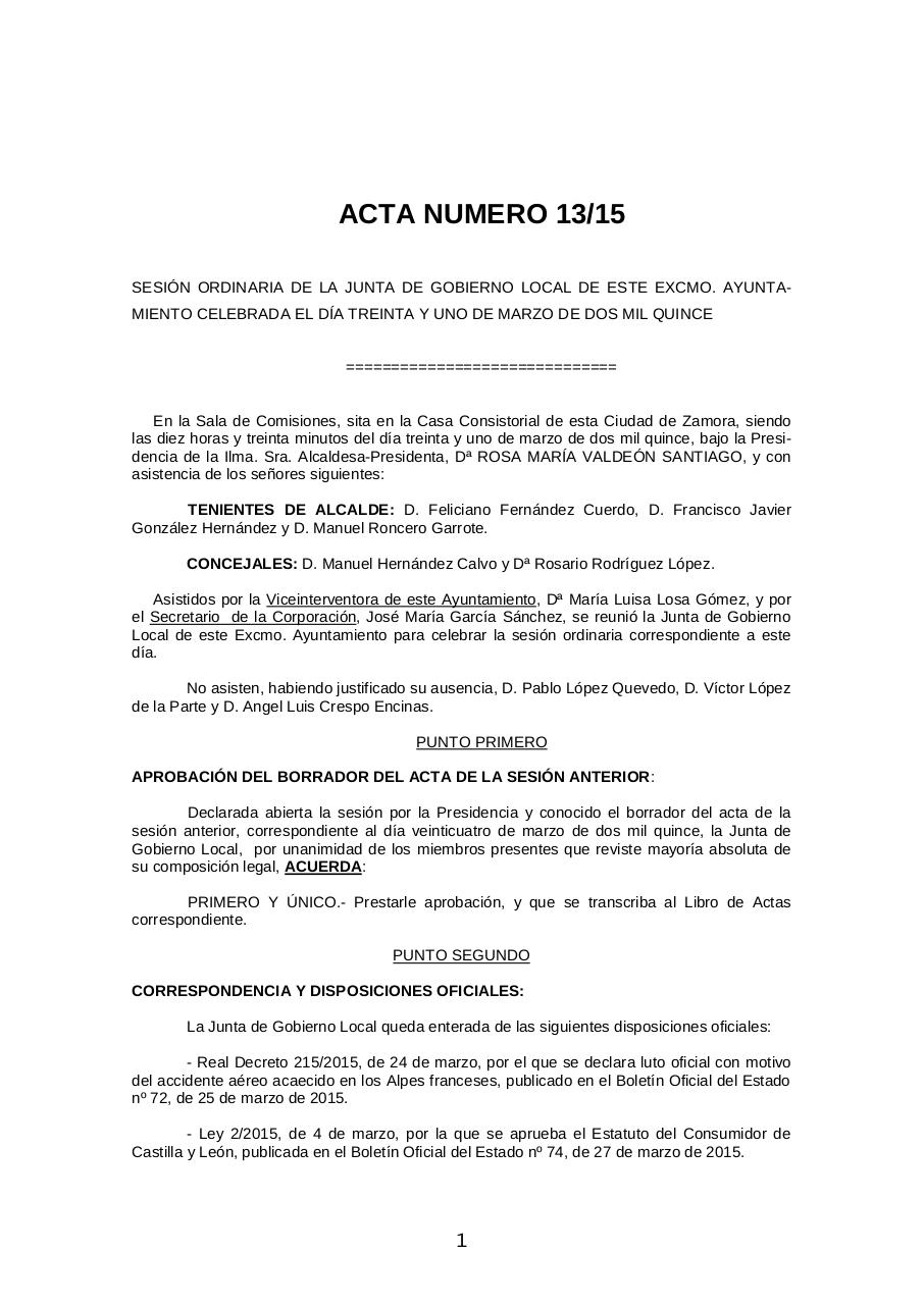 borrador Acta NÂº 13-2015 Junta de Gobierno Local Ayto. Zamora 31-03-15.pdf - página 1/3