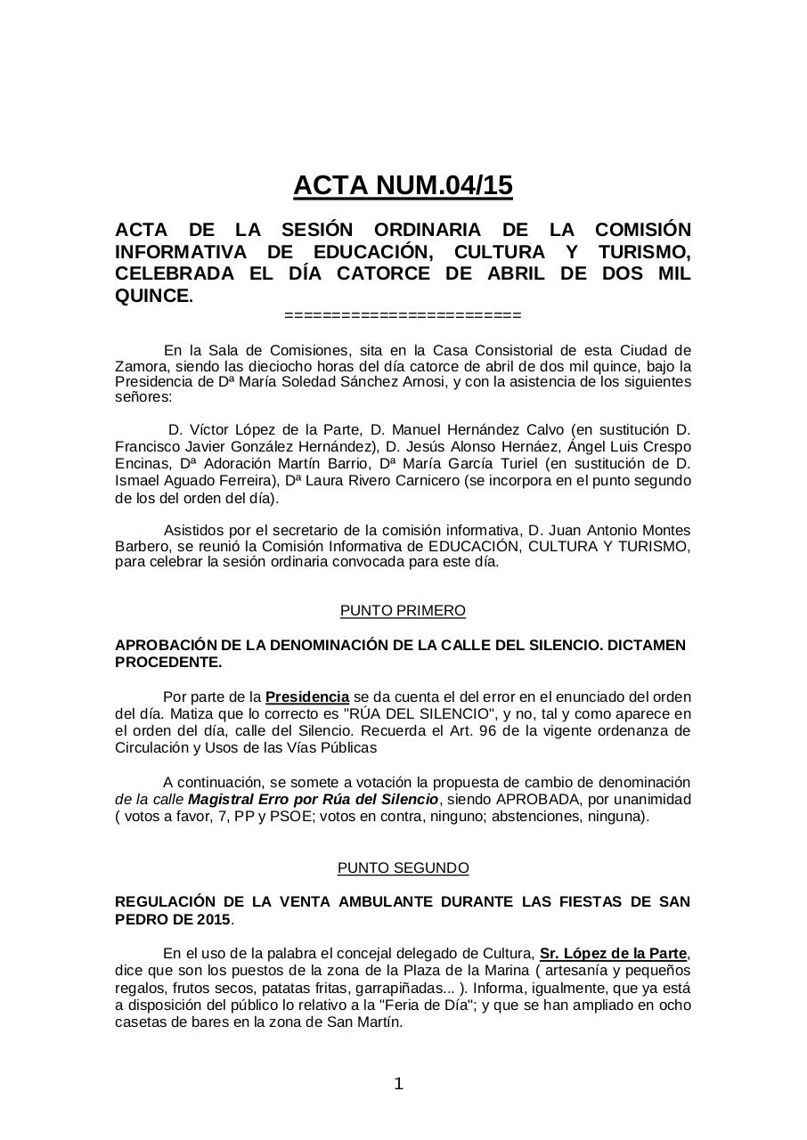 Acta NÂº 04-2015 CI Cultura, EducaciÃ³n y Turismo-Ayto. Zamora 14-04-15.pdf - página 1/4