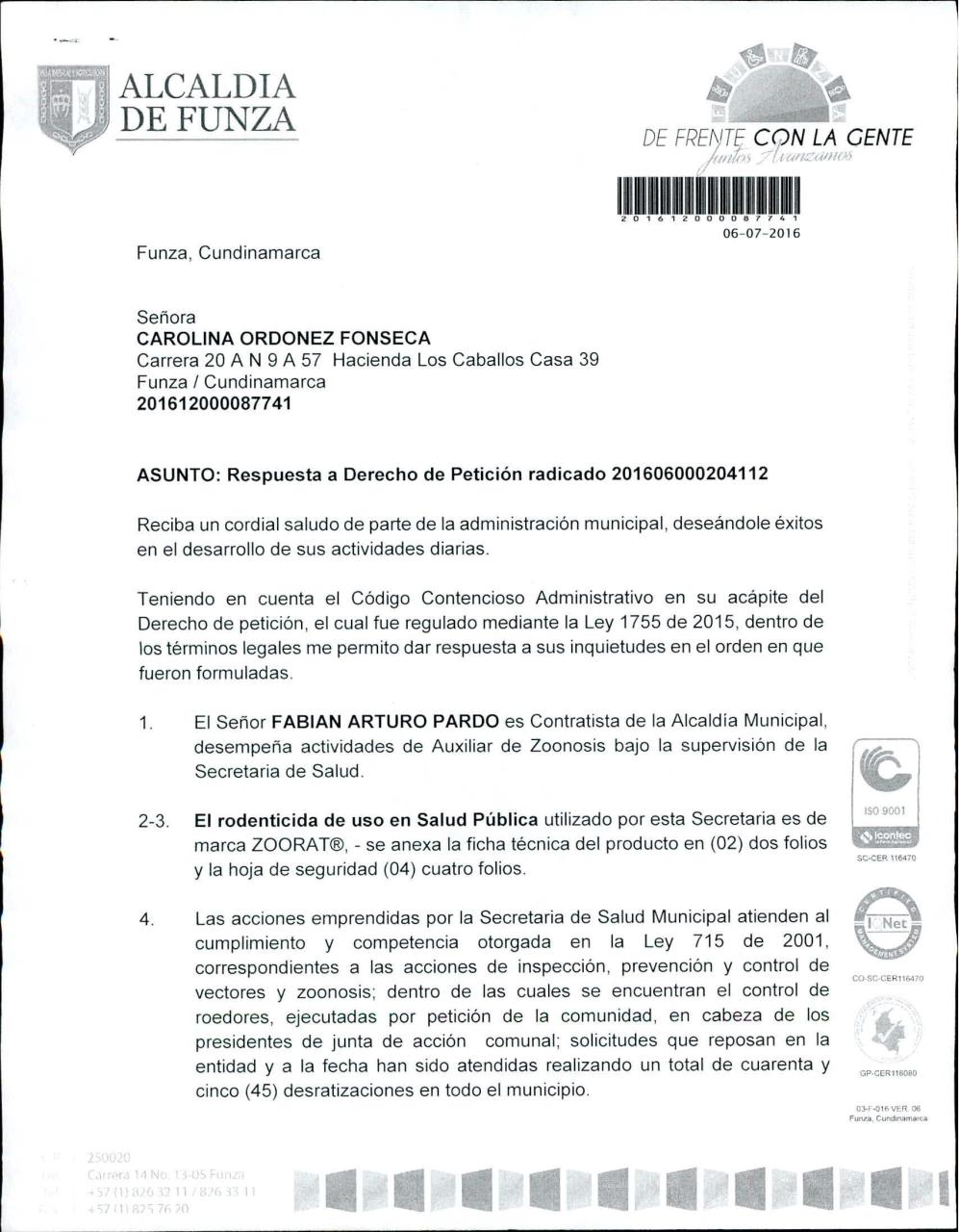 Respuesta derecho de peticiÃ³n 201606000204112.pdf - página 1/18