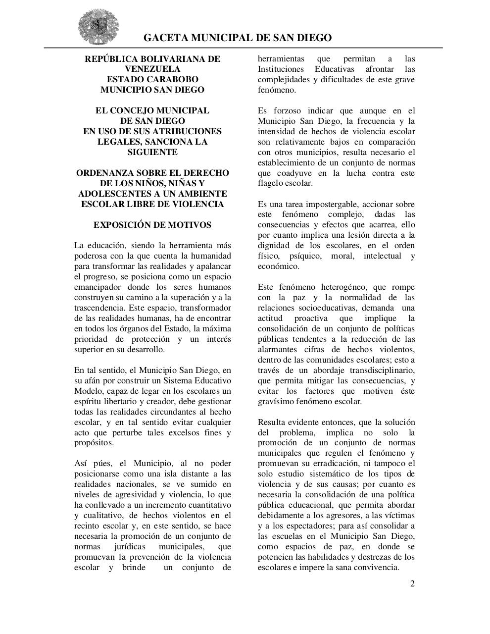 ORD. SOBRE EL DERECHO DE LOS NIÃ‘OS, NIÃ‘AS Y ADOLESCENTES A UN AMBIENTE ESCOLAR LIBRE DE VIOLENCIA.pdf - página 1/7