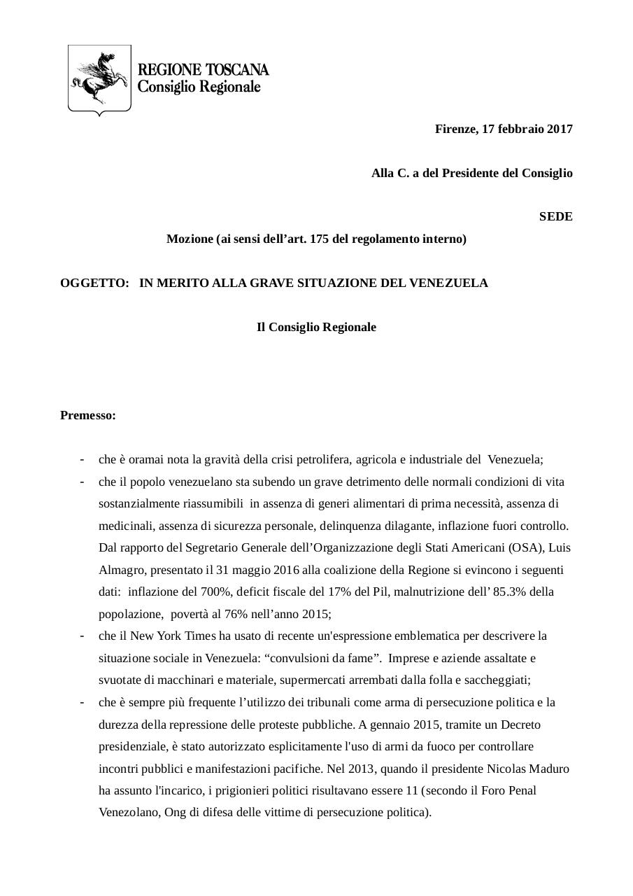MOZIONE IN MERITO ALLA GRAVE SITUAZIONE DEL VENEZUELA EMENDATA.pdf - página 1/6