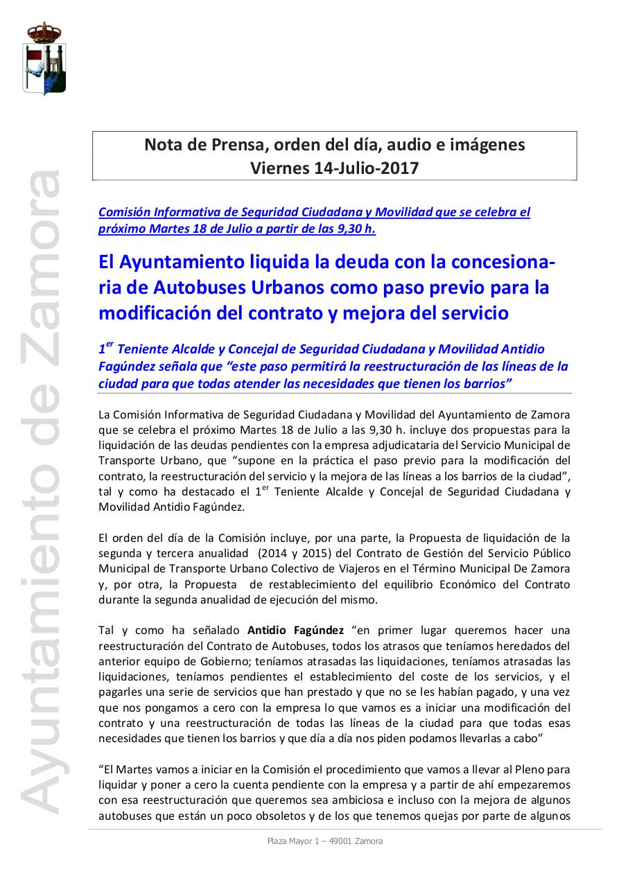 Ayto. Zamora NdP e imagen 14-07-17. Ayuntamiento liquida deuda concesionaria Autobuses previo modificacion [4364].pdf - página 1/4